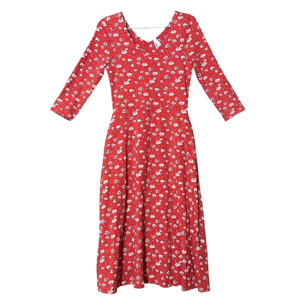 Pact S Fit Flare Organic Cotton Sustainable Granola Midi Casual Dress 3/4 Sleeve